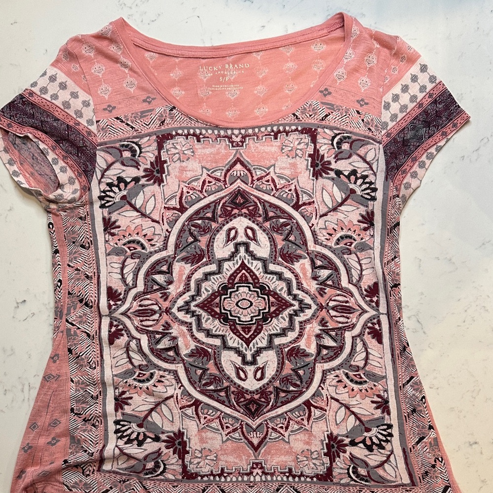 Lucky Brand Pink and Burgundy Patterned Short Sleeve Top